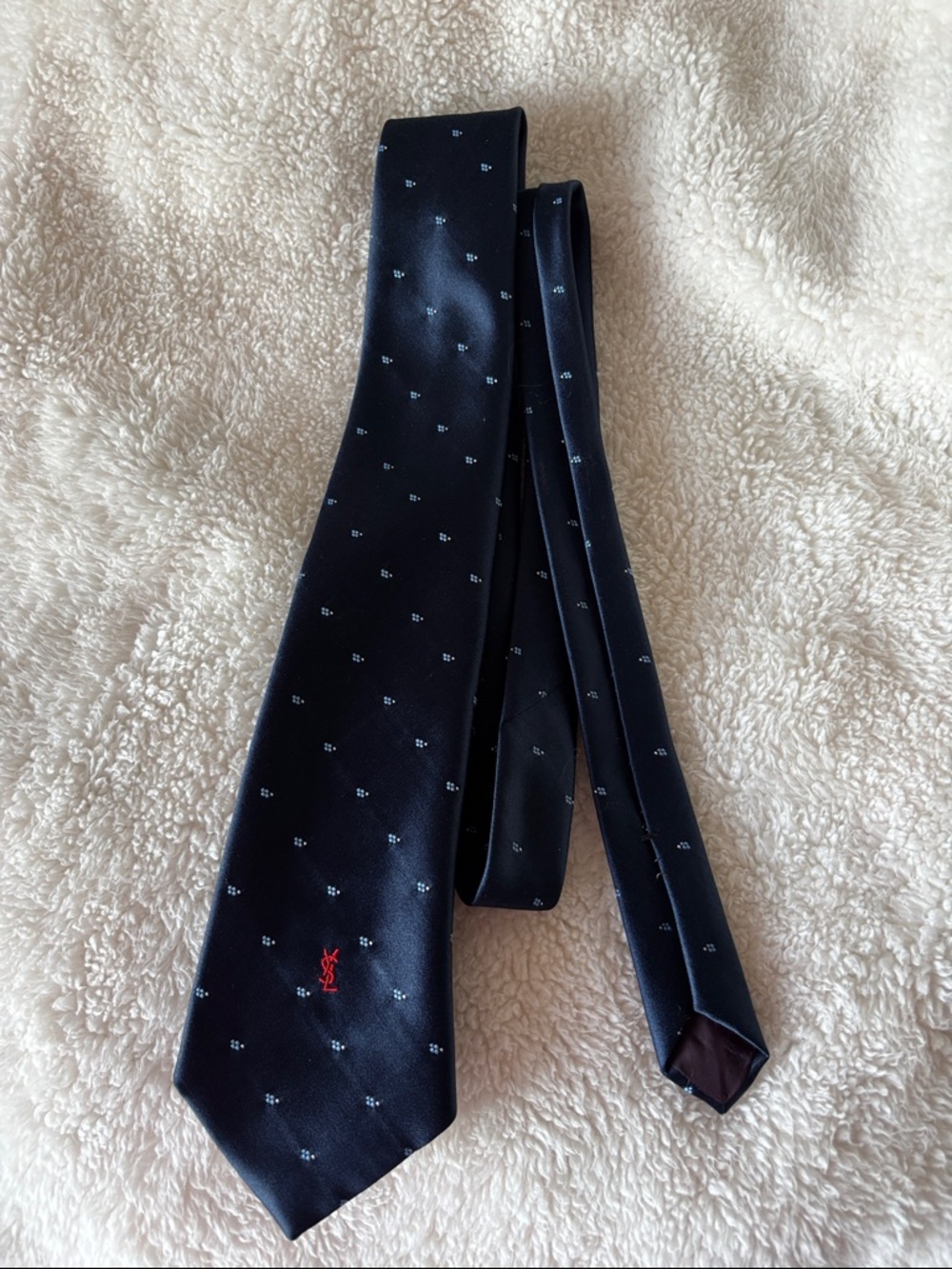 Vintage Yves Saint Laurent YSL Blue Small Dot Patterns w/Red Logo Men's Neck Tie